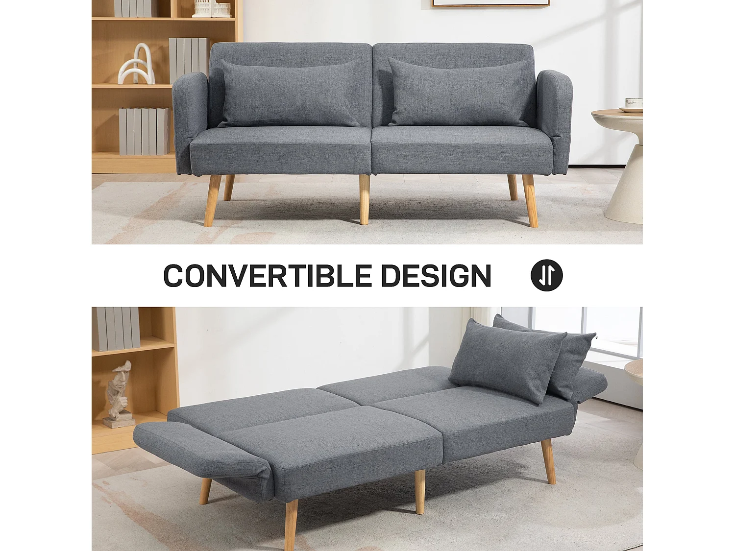 Torive Nove Grey 2 Seater Click Clack Sofa Bed with Cushions