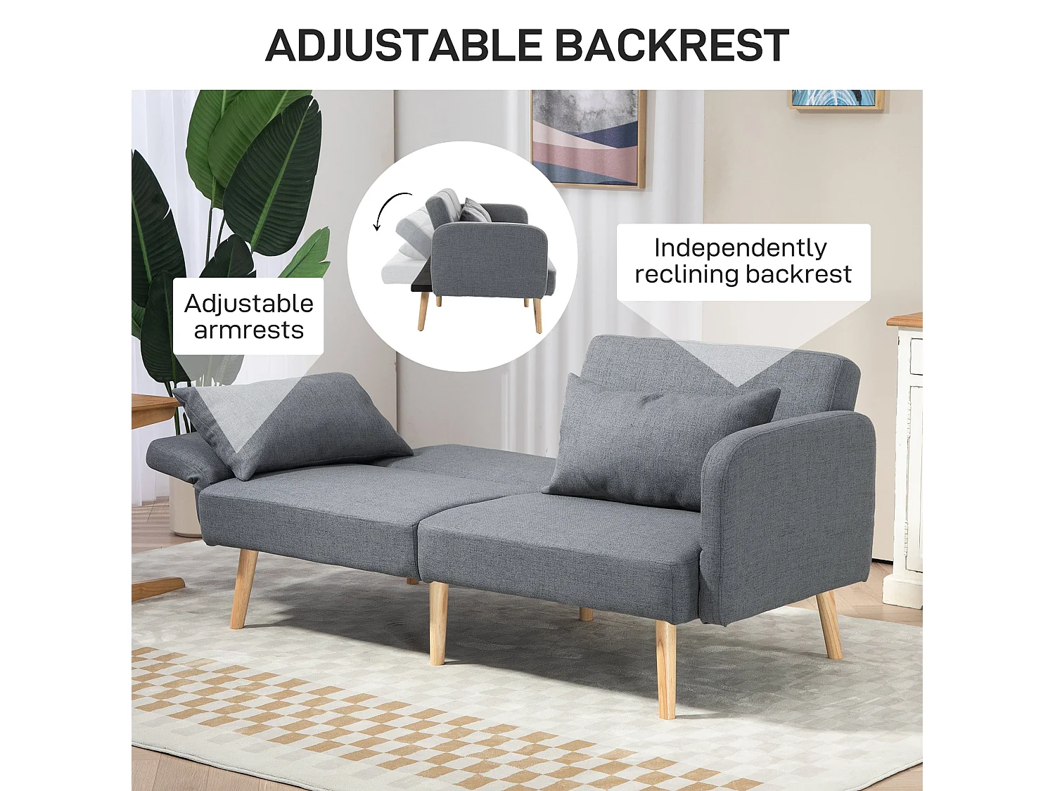 Torive Nove Grey 2 Seater Click Clack Sofa Bed with Cushions