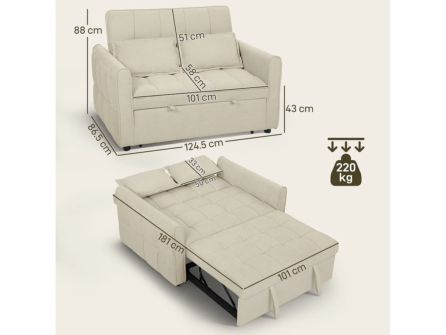Noel 3 in 1 2 Seater Sofa Bed in Light Brown with Adjustable Back and Cushions