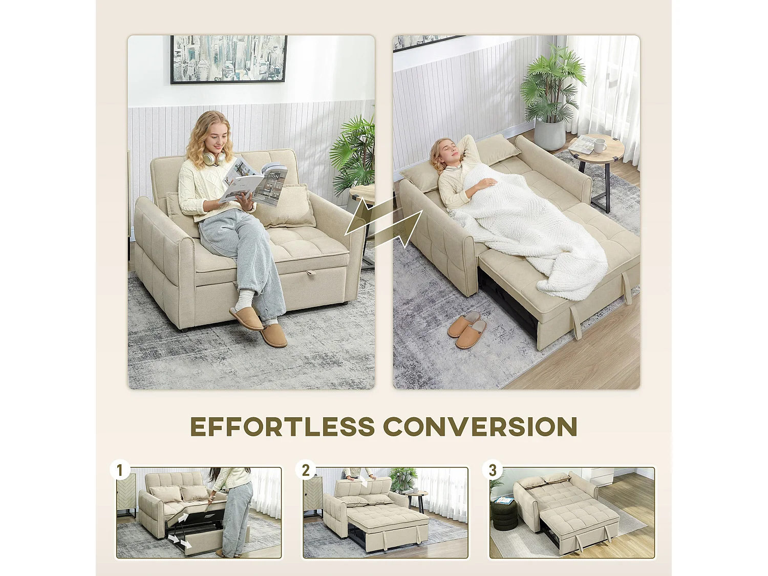 Noel 3 in 1 2 Seater Sofa Bed in Light Brown with Adjustable Back and Cushions