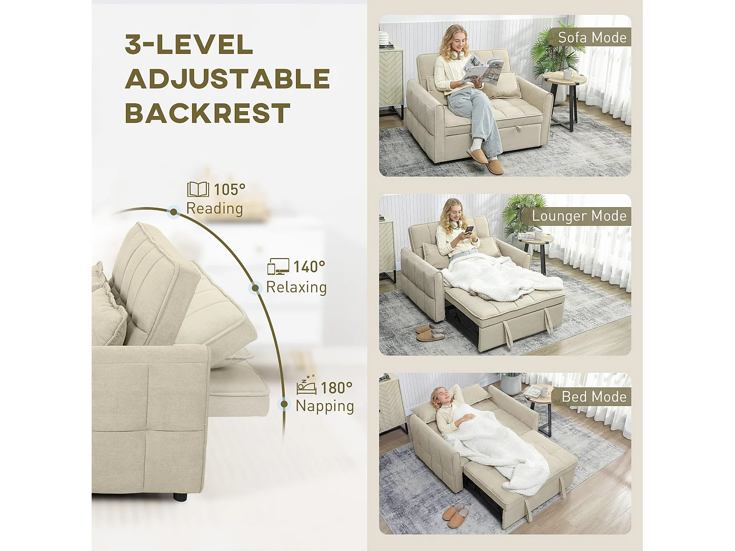 Noel 3 in 1 2 Seater Sofa Bed in Light Brown with Adjustable Back and Cushions