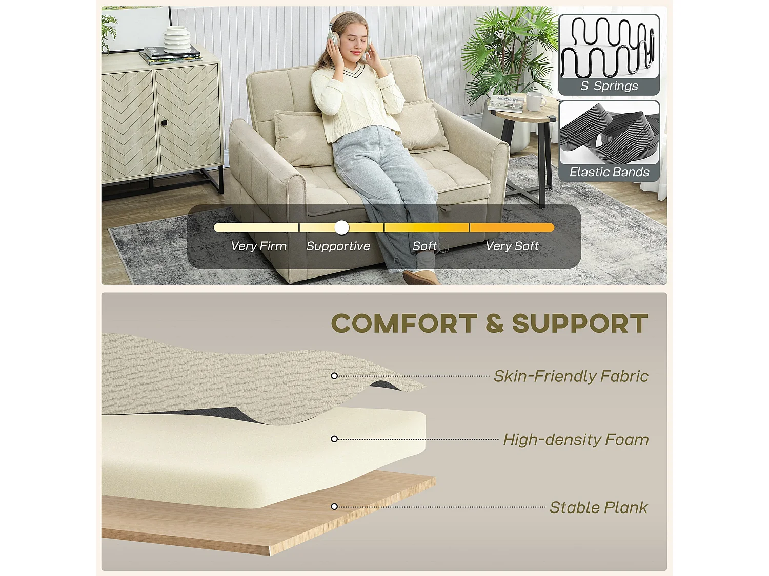 Noel 3 in 1 2 Seater Sofa Bed in Light Brown with Adjustable Back and Cushions