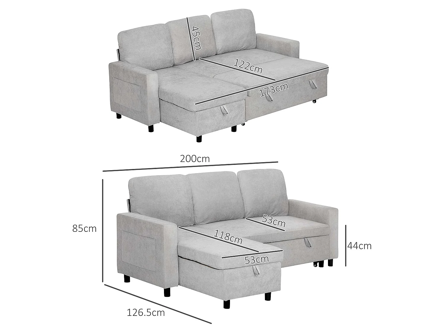 Tafaha Light Grey Pull Out Sofa Bed with Reversible Chaise and Hidden Storage