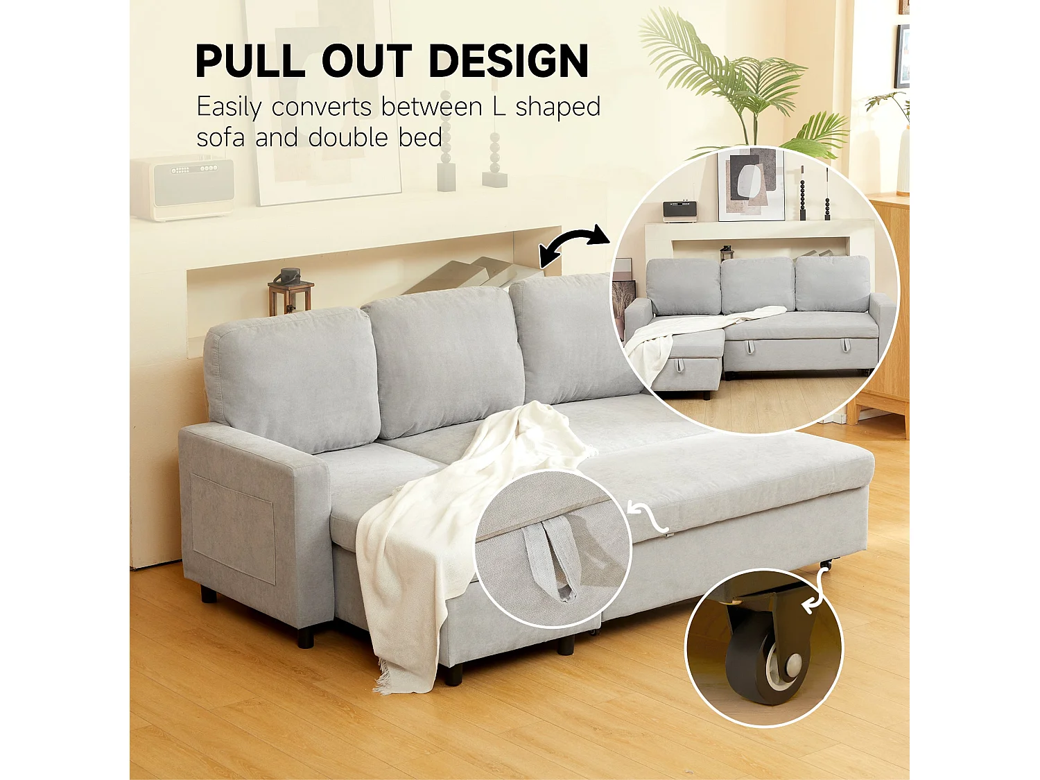 Tafaha Light Grey Pull Out Sofa Bed with Reversible Chaise and Hidden Storage