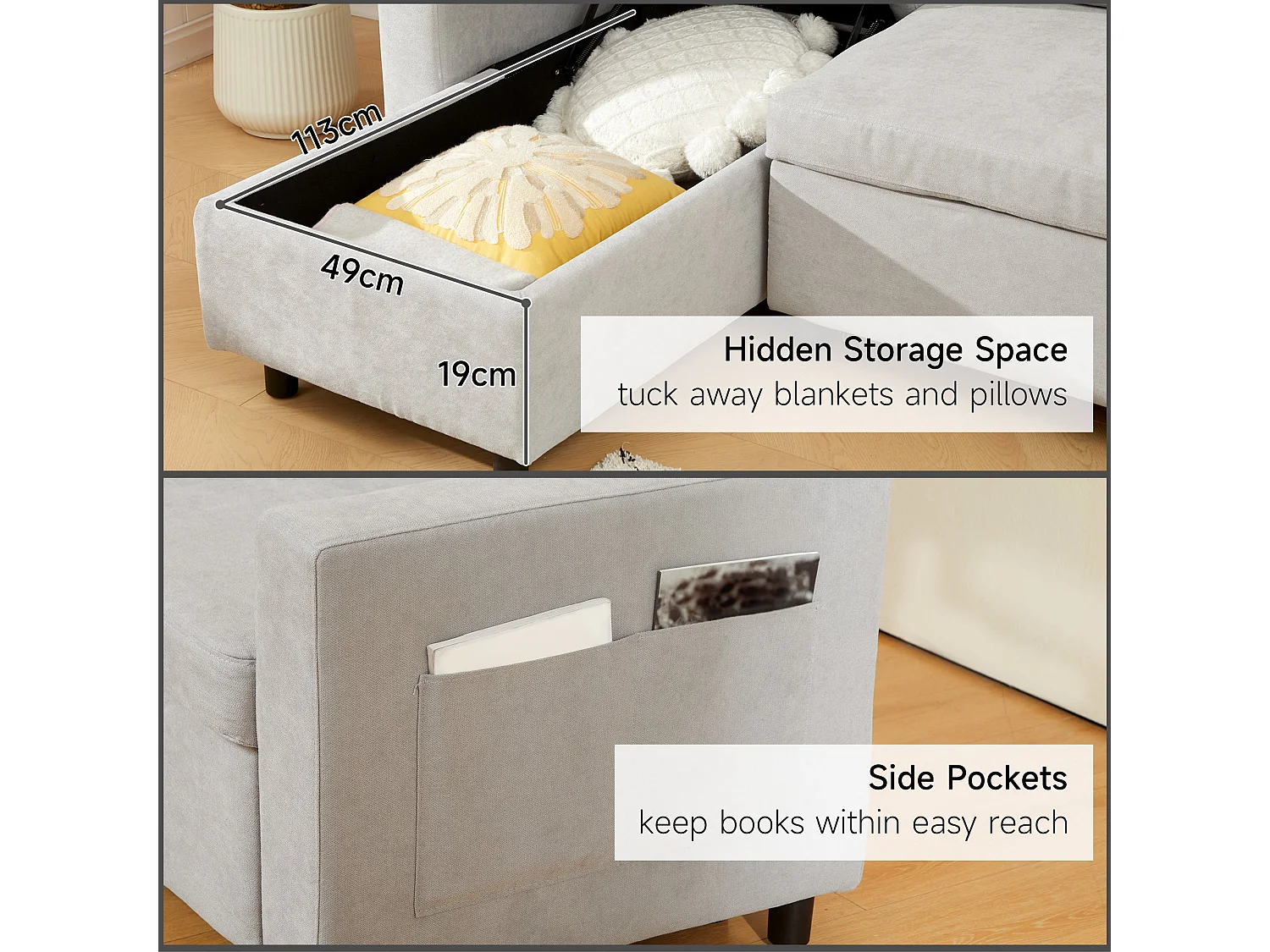 Tafaha Light Grey Pull Out Sofa Bed with Reversible Chaise and Hidden Storage