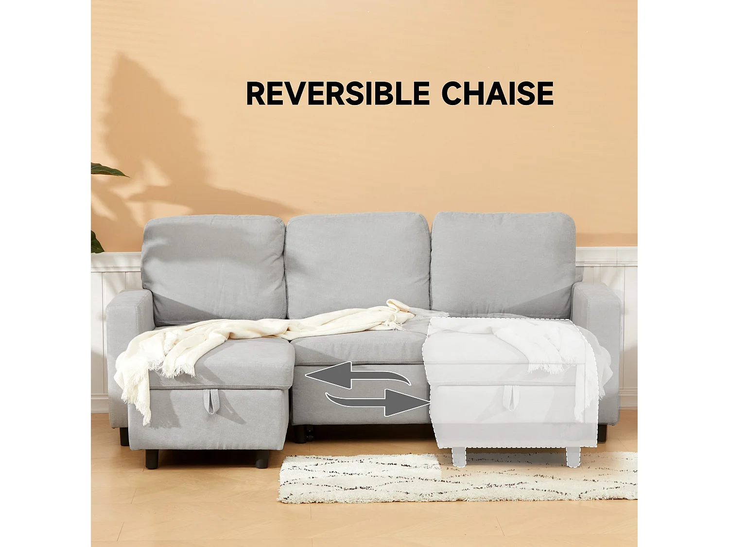 Tafaha Light Grey Pull Out Sofa Bed with Reversible Chaise and Hidden Storage