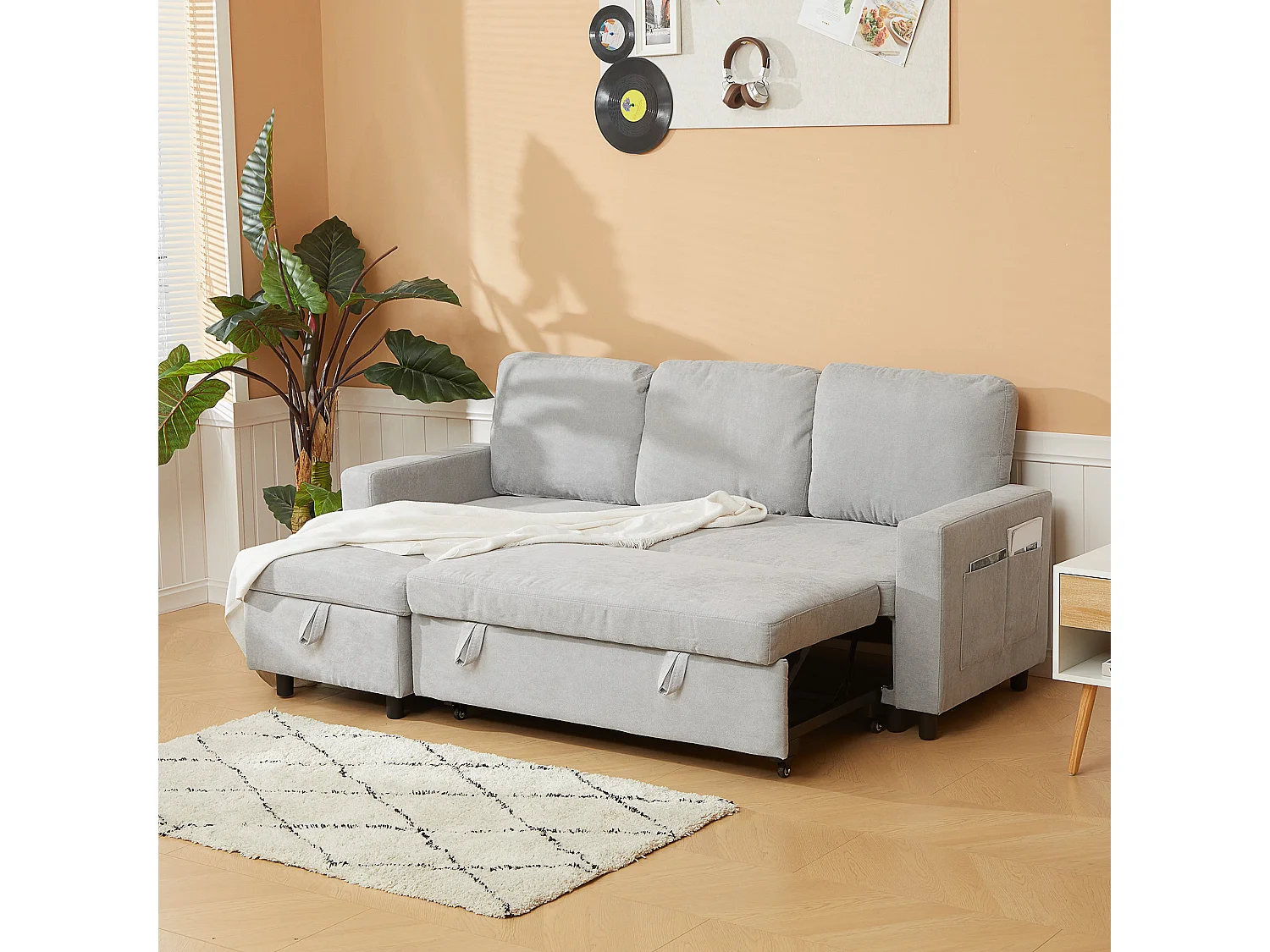 Tafaha Light Grey Pull Out Sofa Bed with Reversible Chaise and Hidden Storage