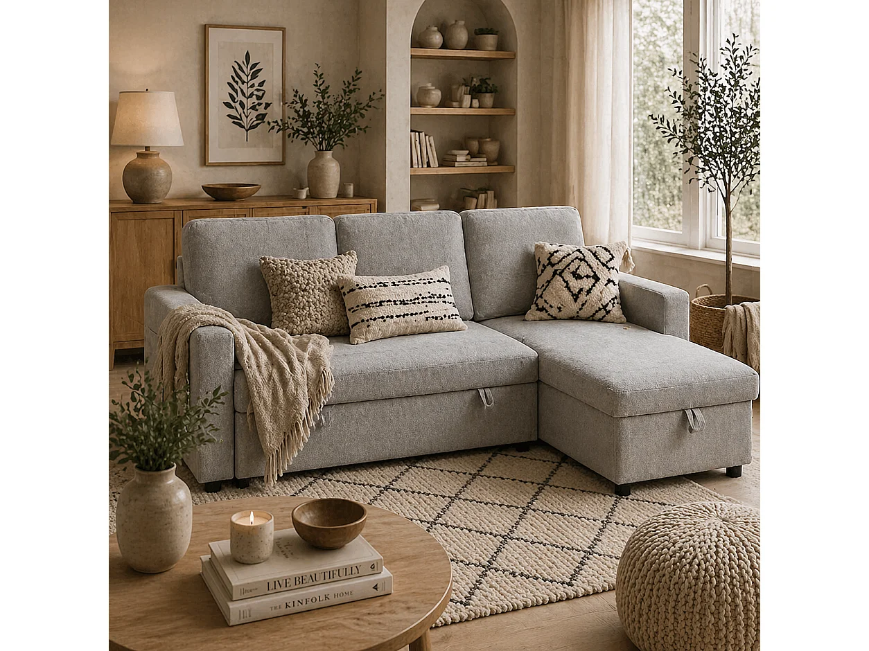 Tafaha Light Grey Pull Out Sofa Bed with Reversible Chaise and Hidden Storage