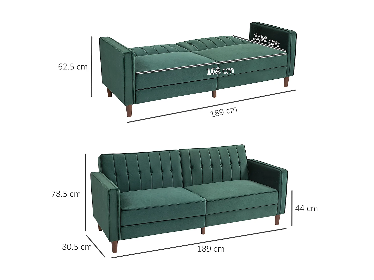 Babano Forrest Green Velvet 3 Seater Convertible Sofa Bed
