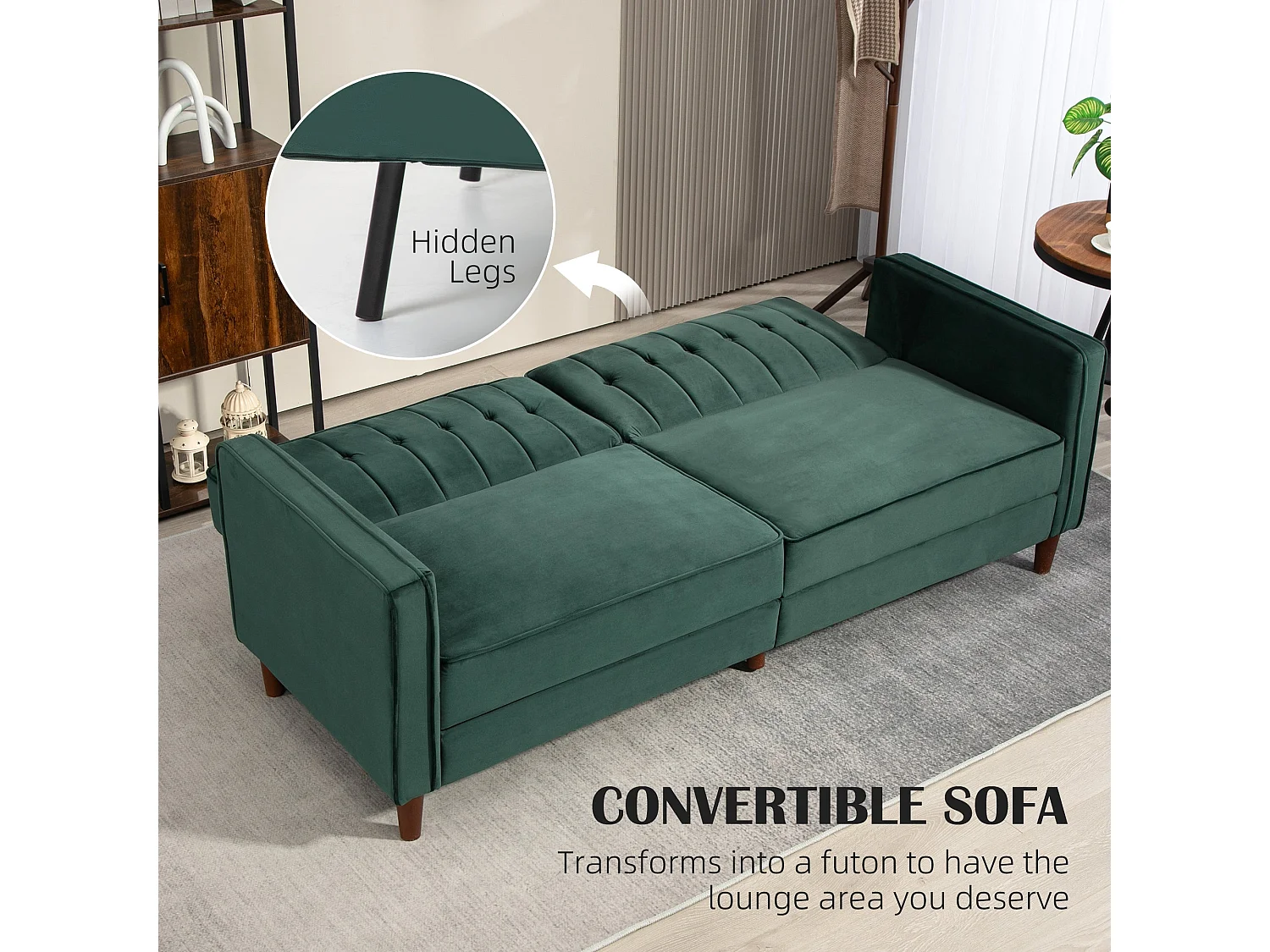 Babano Forrest Green Velvet 3 Seater Convertible Sofa Bed