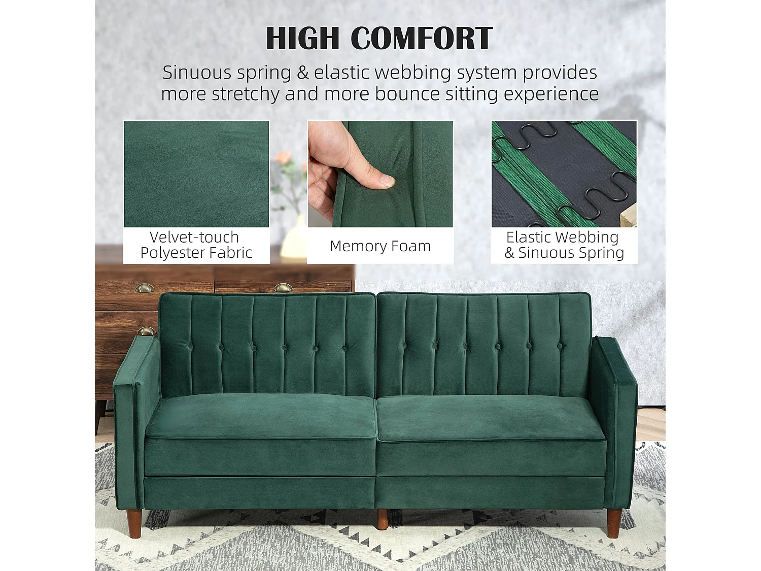 Babano Forrest Green Velvet 3 Seater Convertible Sofa Bed
