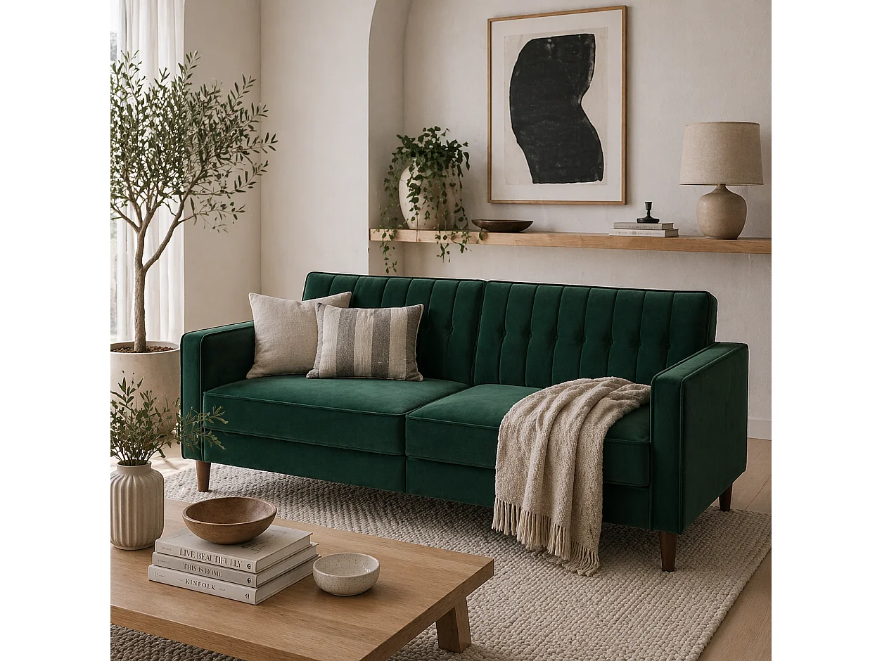 Babano Forrest Green Velvet 3 Seater Convertible Sofa Bed