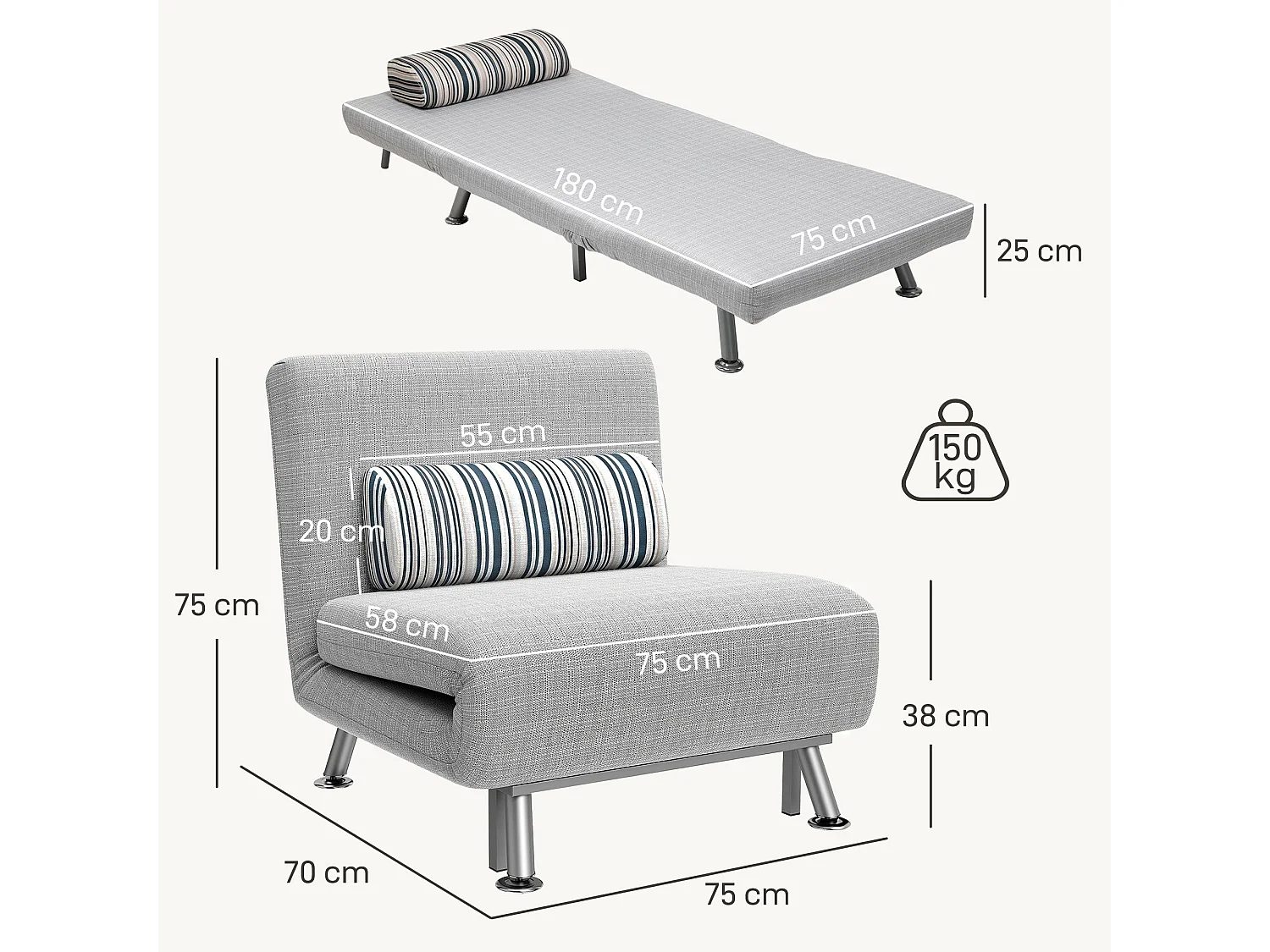 Coyo Kere Light Grey Single Convertible Sofa Bed with Fold Out Sleeper and Pillow