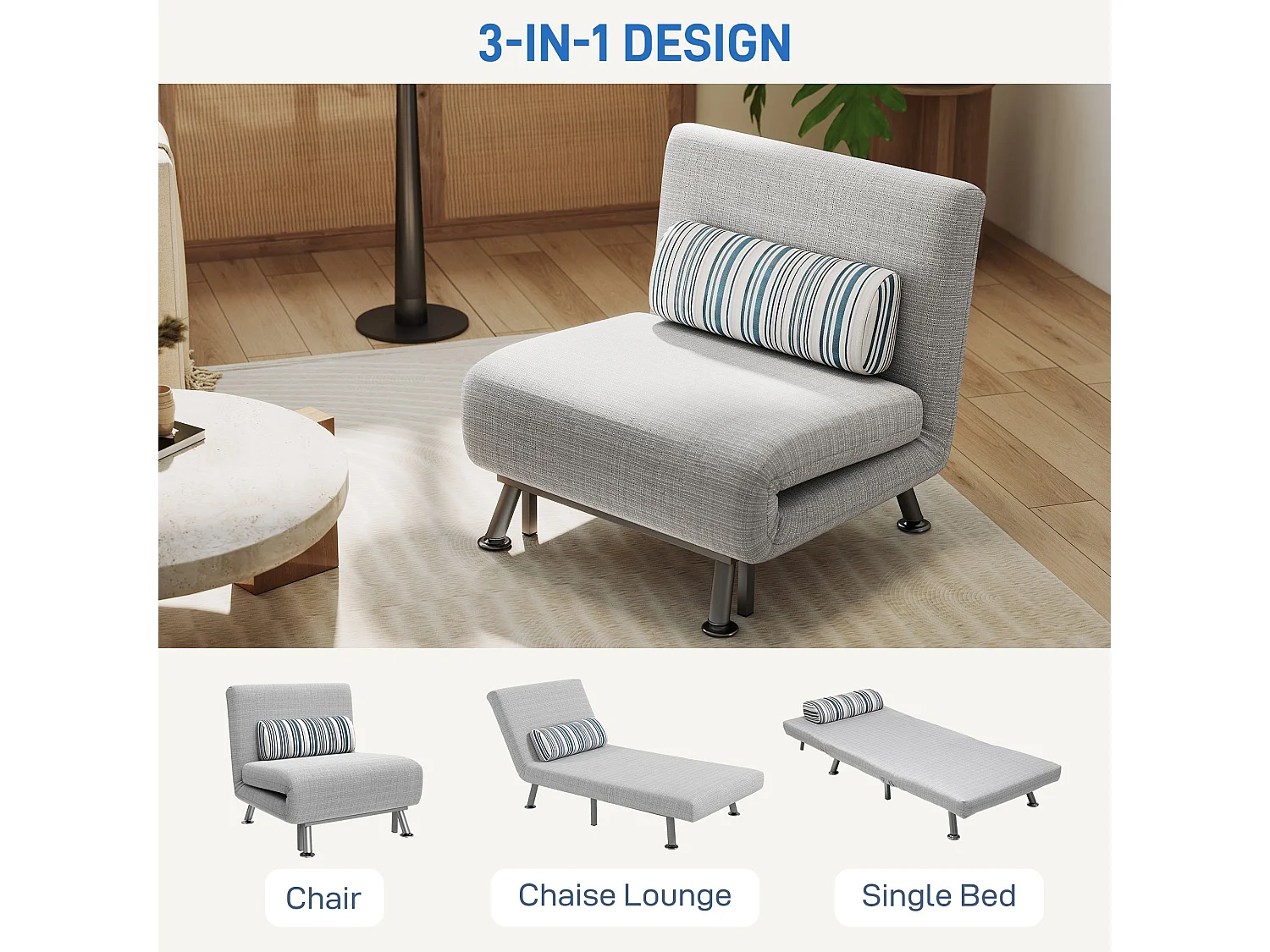 Coyo Kere Light Grey Single Convertible Sofa Bed with Fold Out Sleeper and Pillow