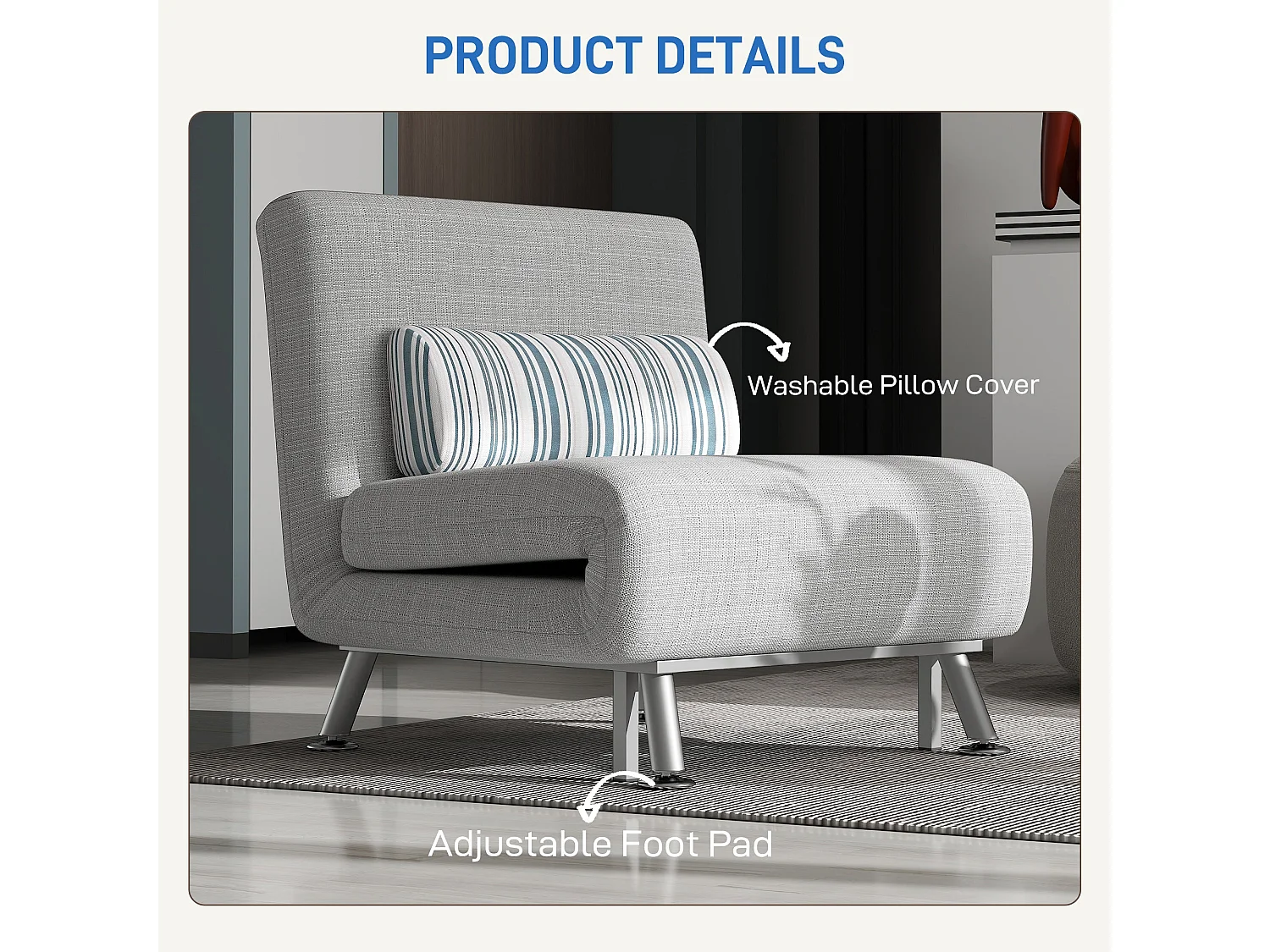 Coyo Kere Light Grey Single Convertible Sofa Bed with Fold Out Sleeper and Pillow