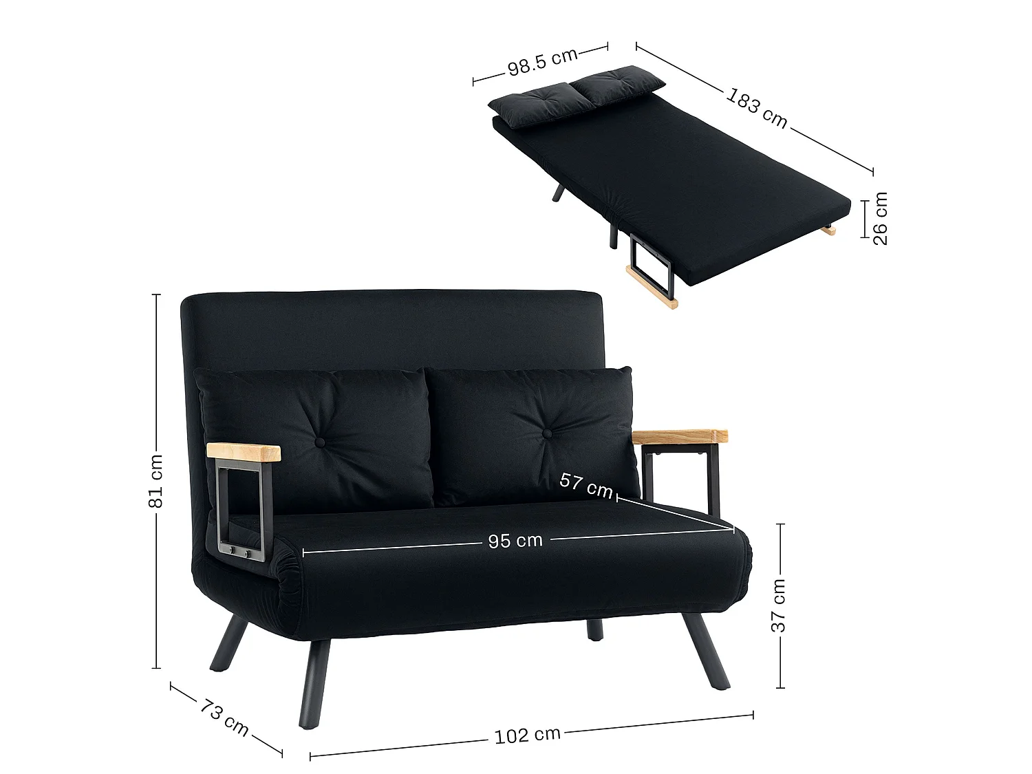 Tarico Black 4 in 1 Convertible Double Sofa Bed with Cushions