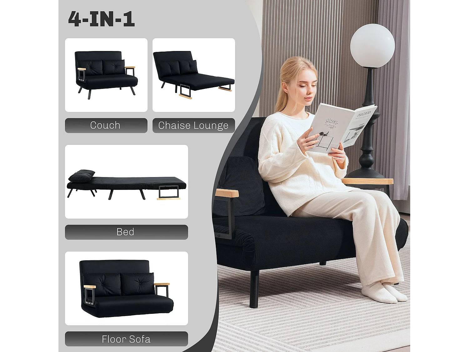 Tarico Black 4 in 1 Convertible Double Sofa Bed with Cushions