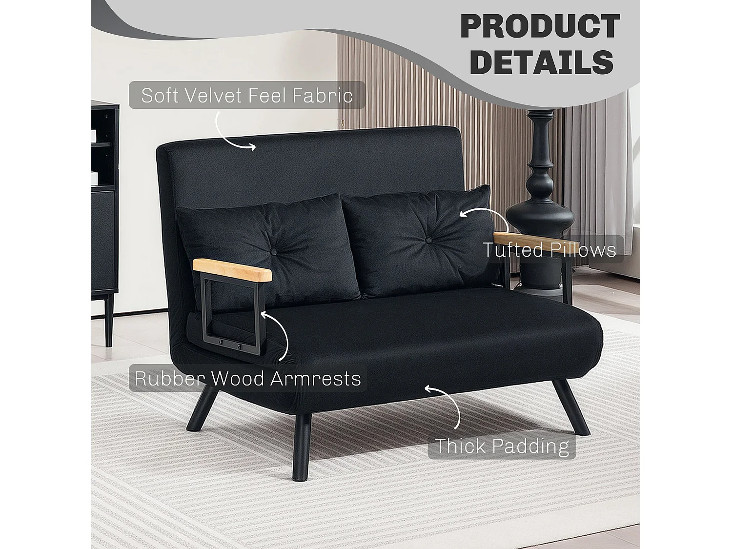 Tarico Black 4 in 1 Convertible Double Sofa Bed with Cushions