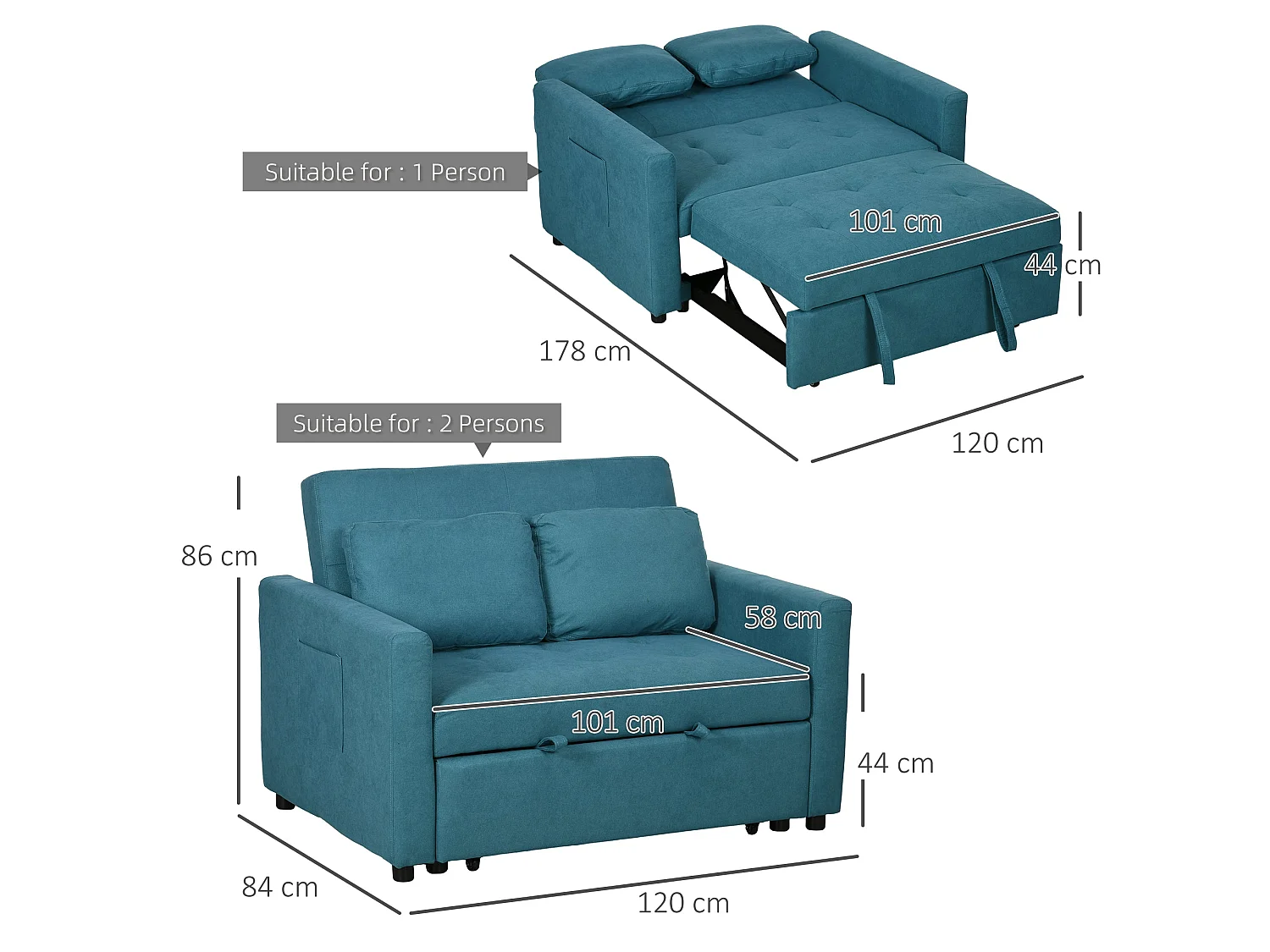 Codoha Kapa 2 Seater Convertible Sofa Bed in Blue with Side Pockets and Cushions