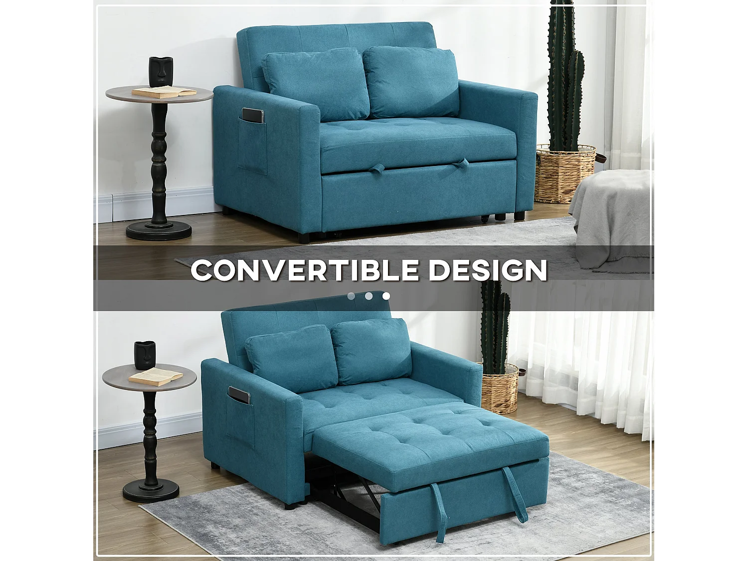 Codoha Kapa 2 Seater Convertible Sofa Bed in Blue with Side Pockets and Cushions