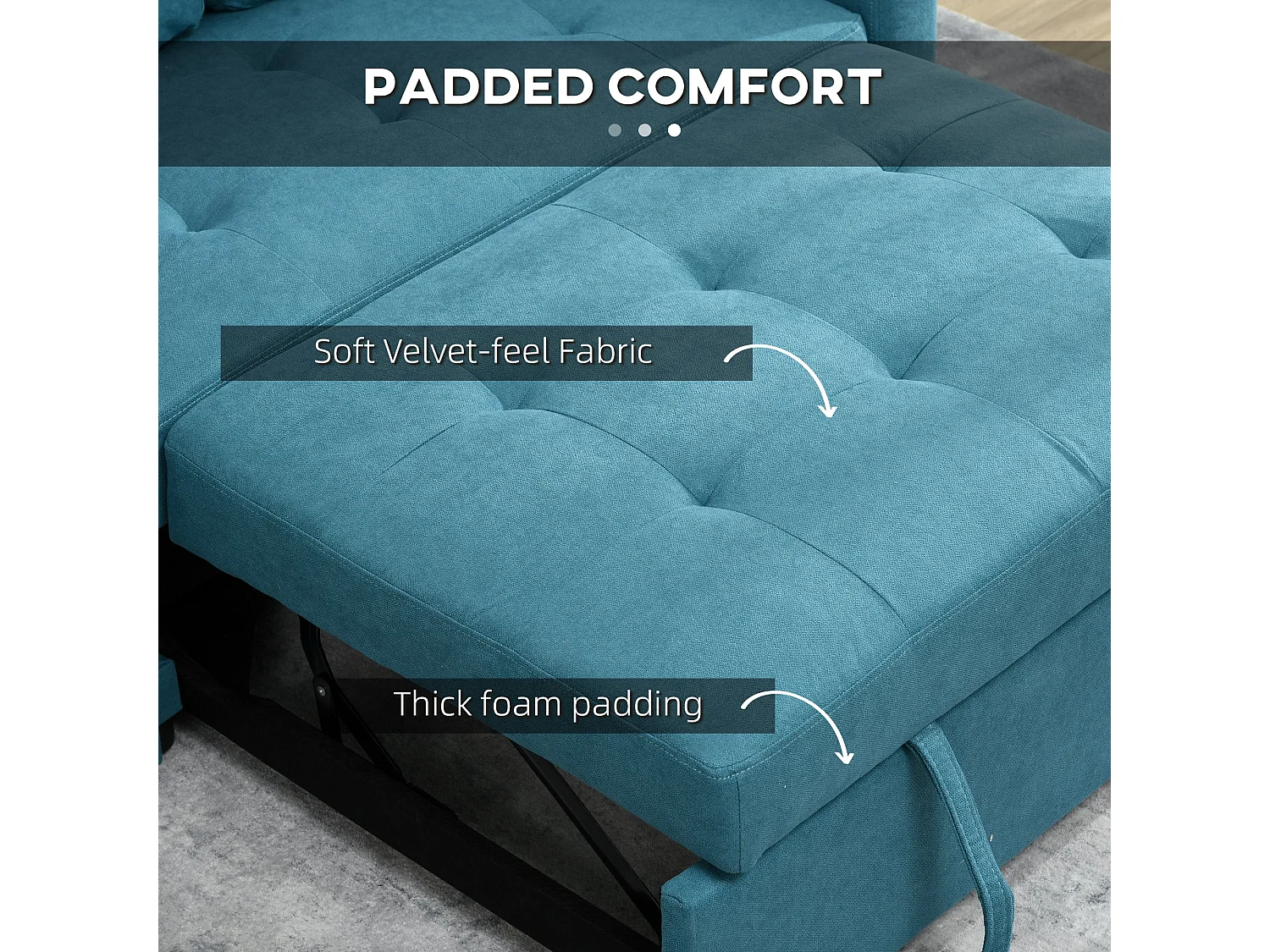 Codoha Kapa 2 Seater Convertible Sofa Bed in Blue with Side Pockets and Cushions