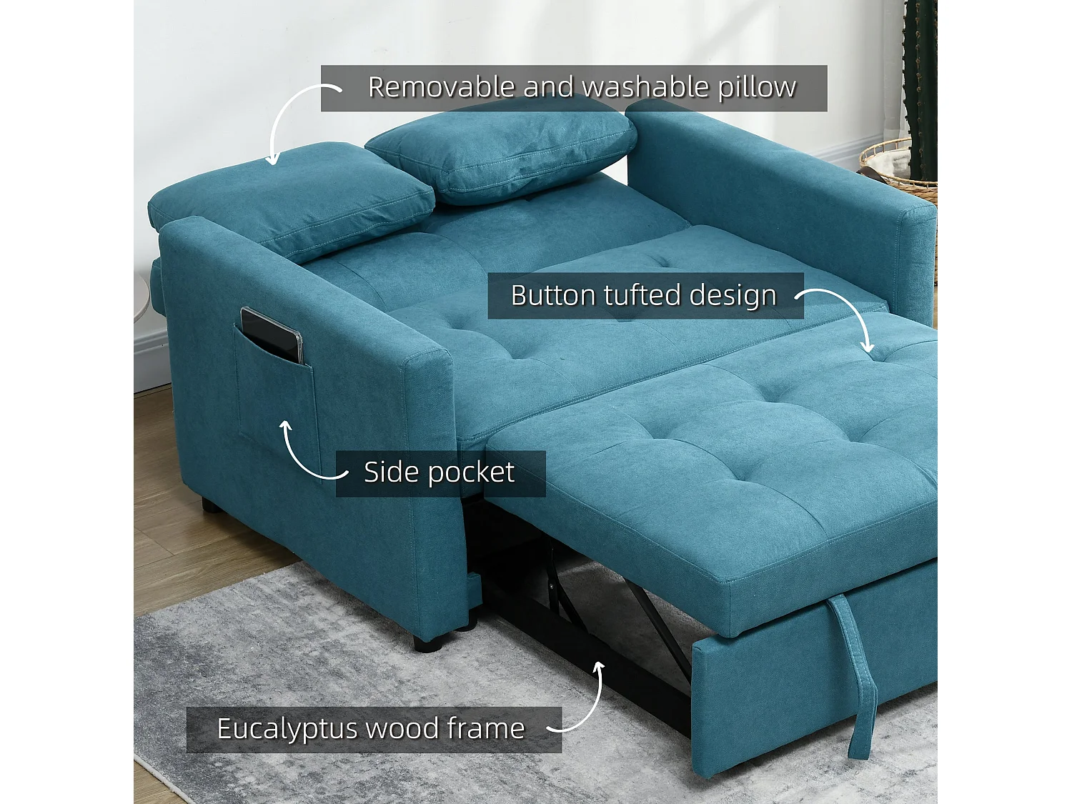 Codoha Kapa 2 Seater Convertible Sofa Bed in Blue with Side Pockets and Cushions