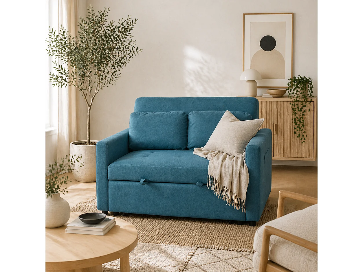 Codoha Kapa 2 Seater Convertible Sofa Bed in Blue with Side Pockets and Cushions