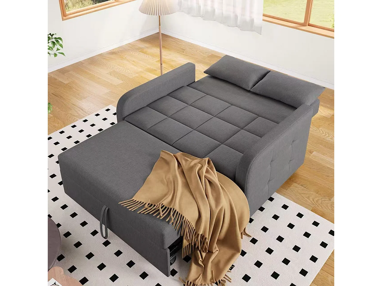 Canapé convertible 2 places - Canapé-lit pliable - Dossier réglable - Lin - Structure en bois et métal - Gris