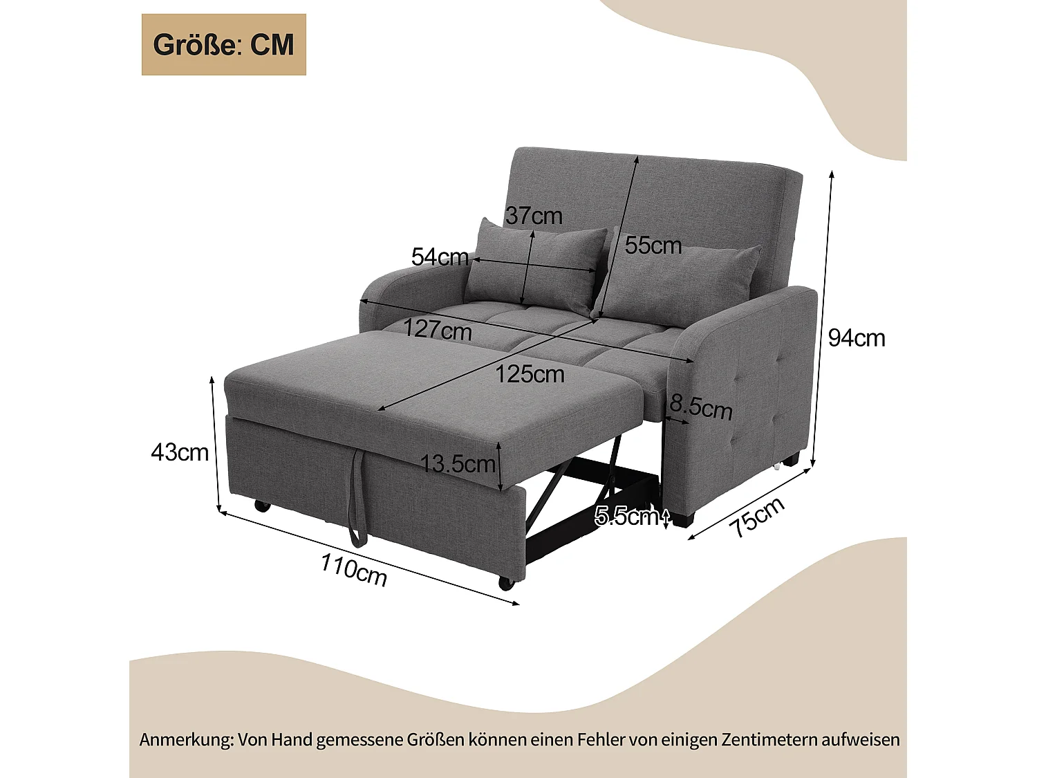Canapé convertible 2 places - Canapé-lit pliable - Dossier réglable - Lin - Structure en bois et métal - Gris