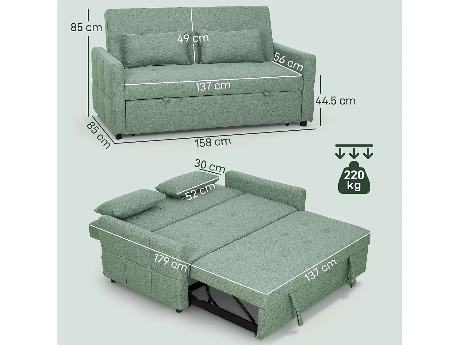 Nenase Mint Green 3 Way Convertible 2 Seater Sofa Bed