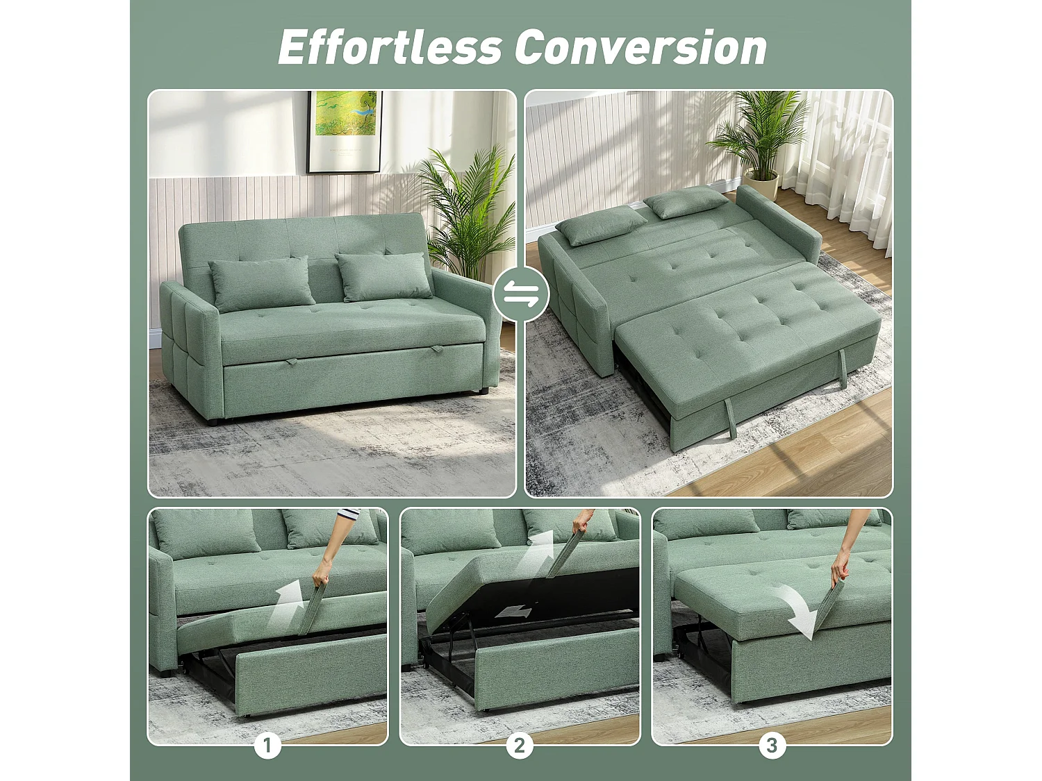 Nenase Mint Green 3 Way Convertible 2 Seater Sofa Bed