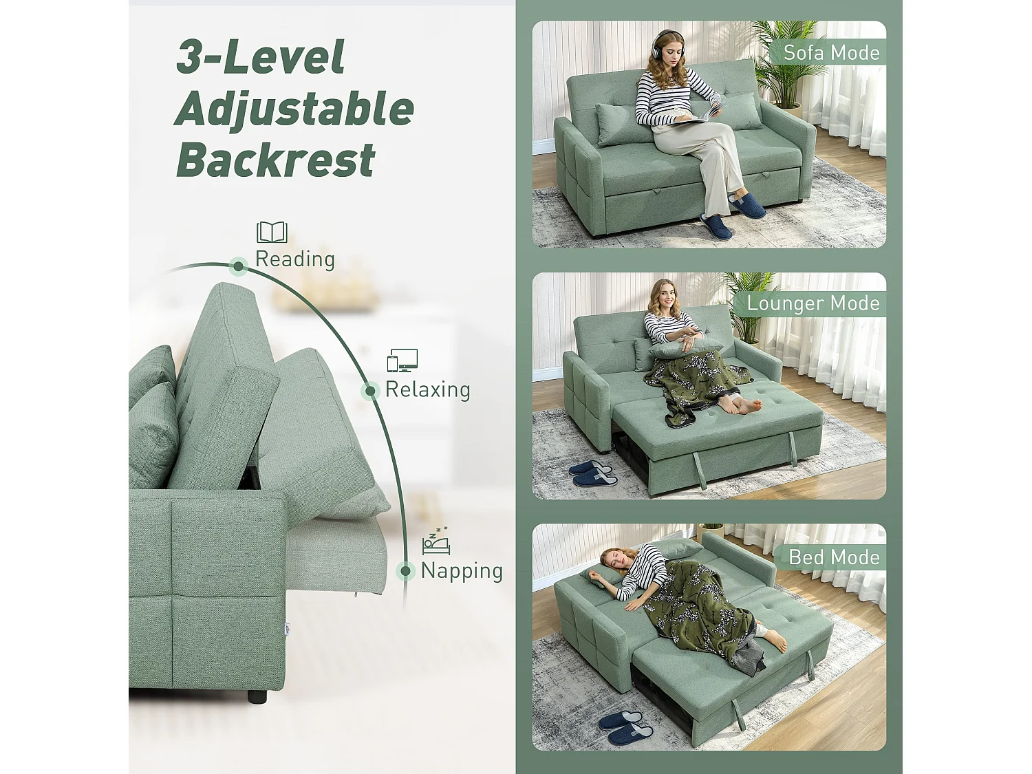 Nenase Mint Green 3 Way Convertible 2 Seater Sofa Bed