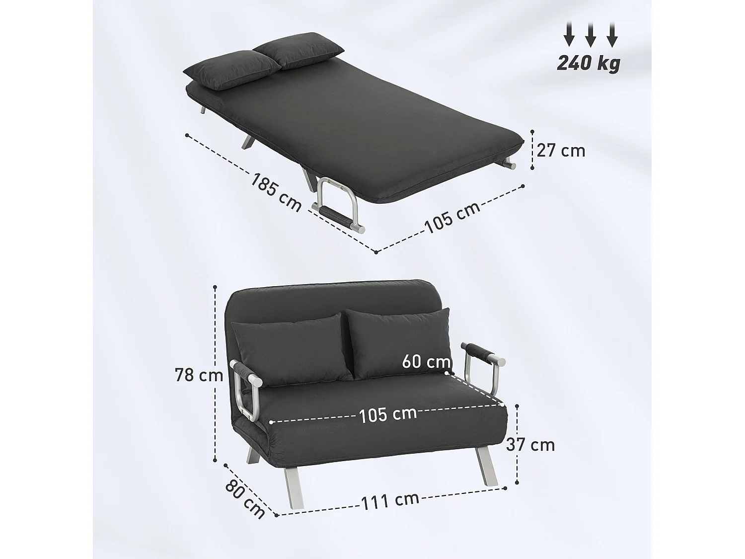 Fiyo Fabric Dark Grey 2 Seater Click Clack Sofa Bed