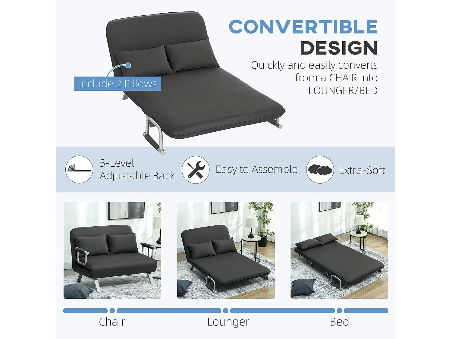 Fiyo Fabric Dark Grey 2 Seater Click Clack Sofa Bed