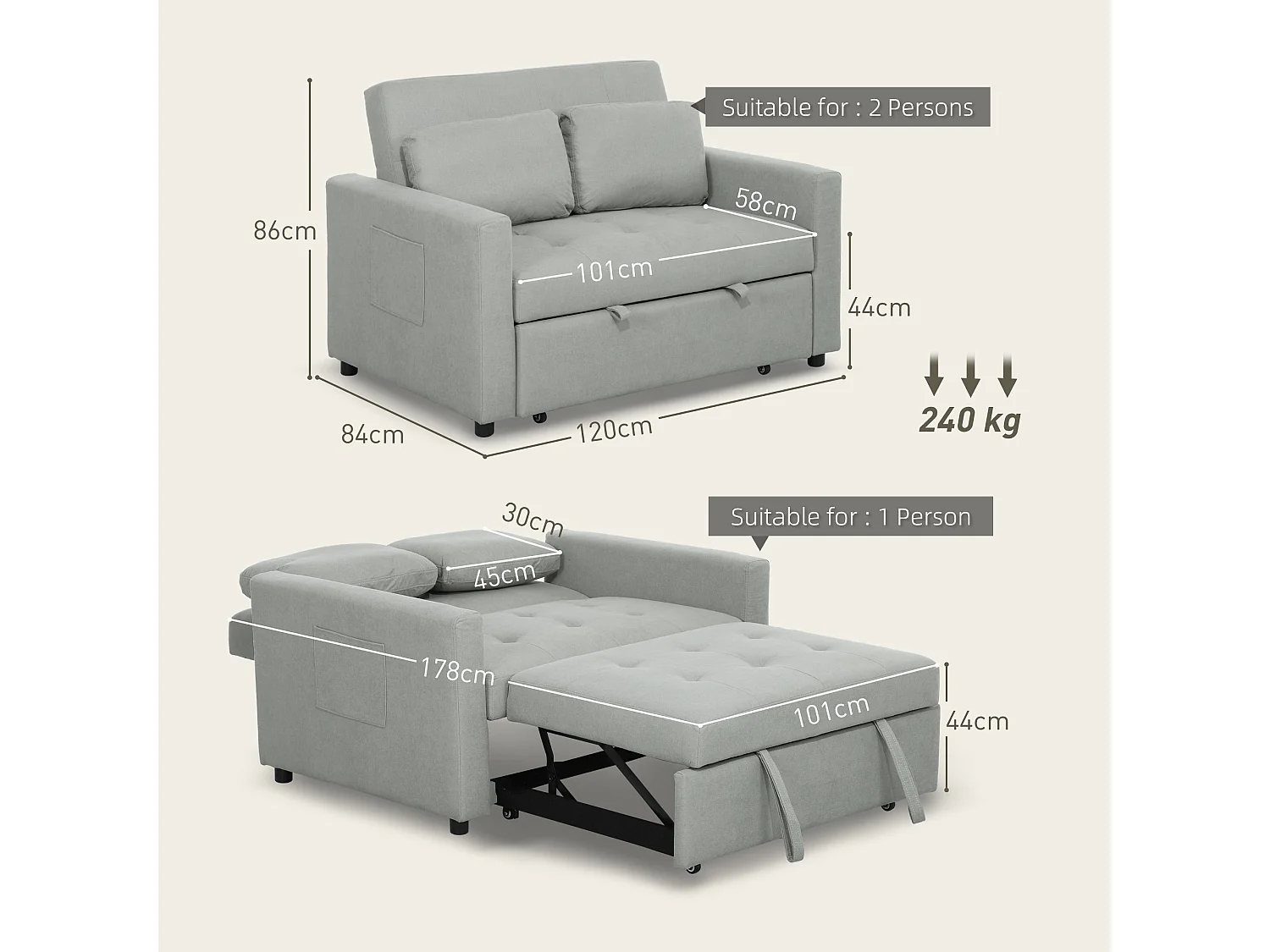 Sedisa 2 Seater Convertible Sofa Bed Light Grey with Side Pockets and Cushions