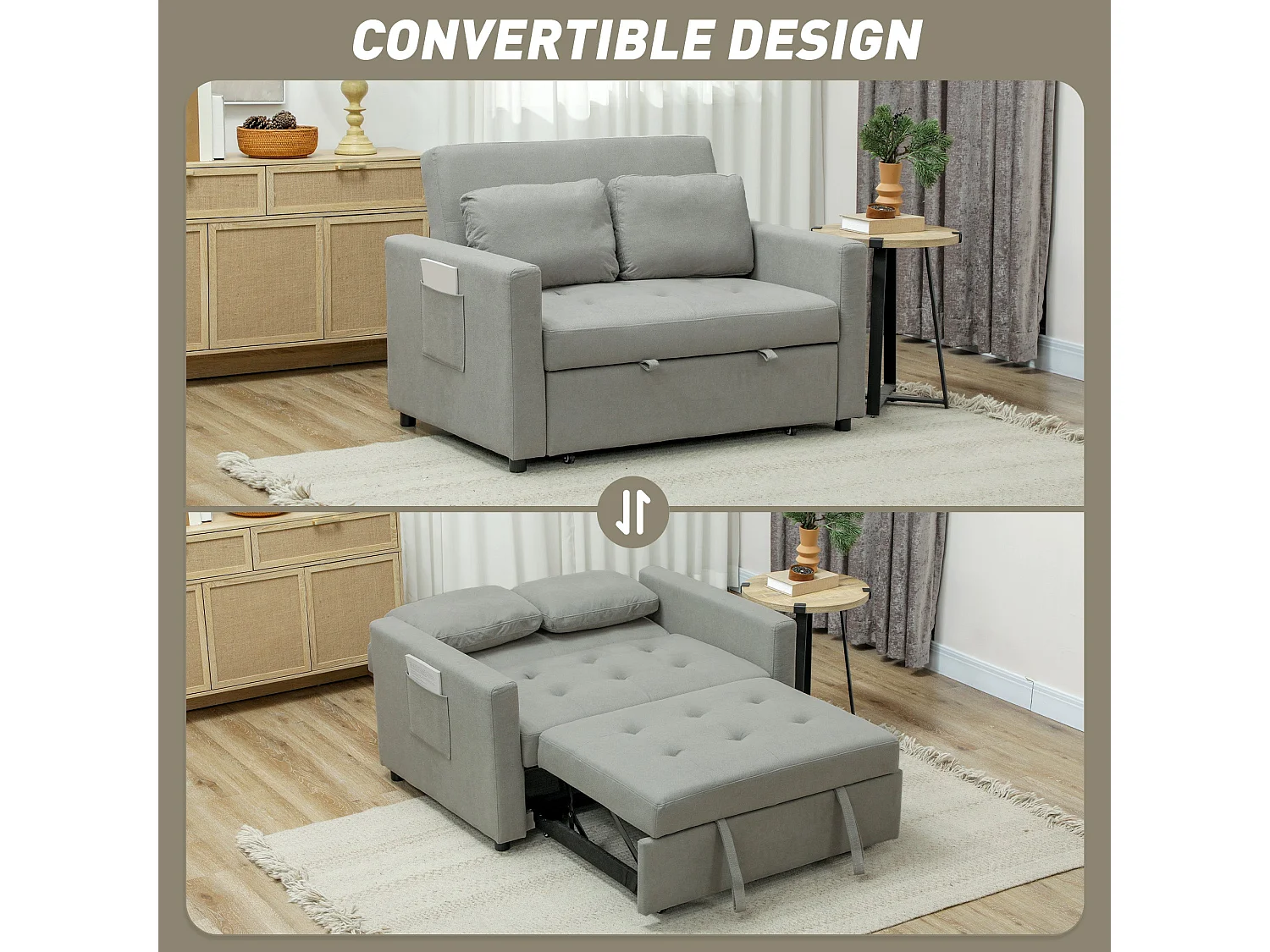 Sedisa 2 Seater Convertible Sofa Bed Light Grey with Side Pockets and Cushions