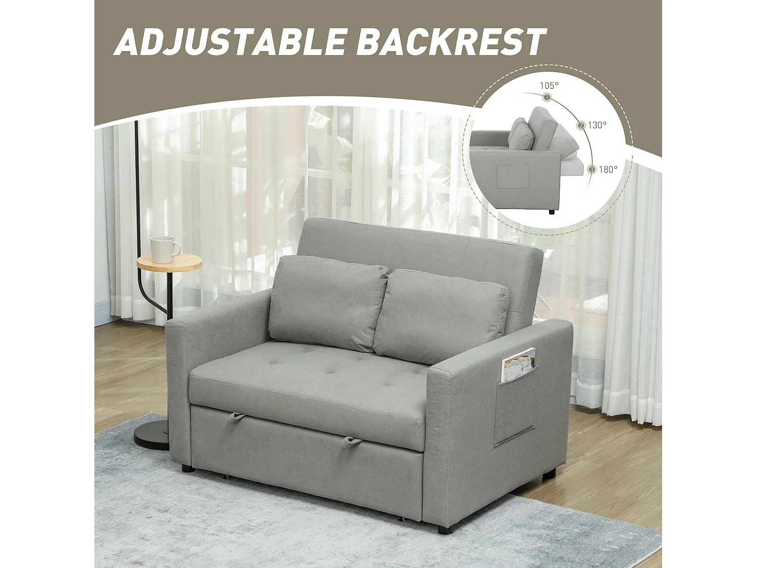 Sedisa 2 Seater Convertible Sofa Bed Light Grey with Side Pockets and Cushions