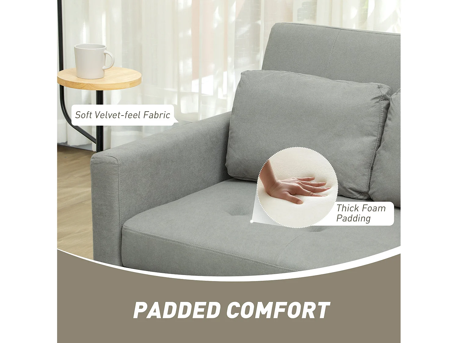 Sedisa 2 Seater Convertible Sofa Bed Light Grey with Side Pockets and Cushions