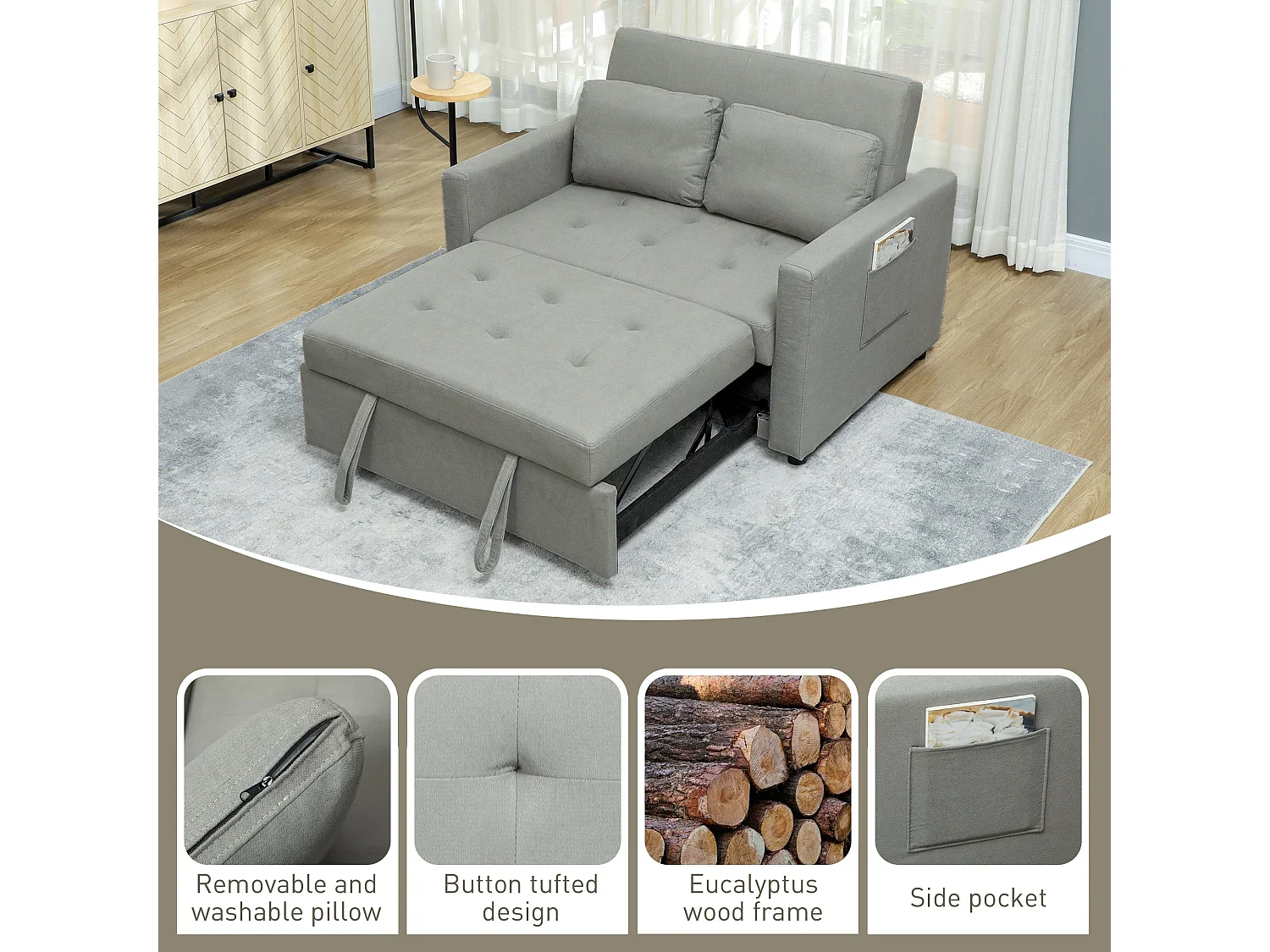 Sedisa 2 Seater Convertible Sofa Bed Light Grey with Side Pockets and Cushions