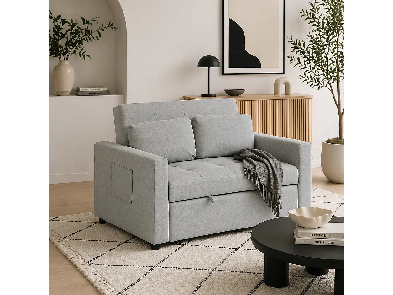 Sedisa 2 Seater Convertible Sofa Bed Light Grey with Side Pockets and Cushions