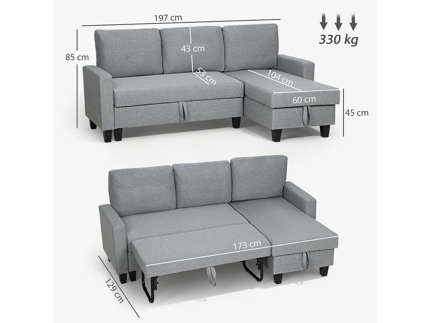 Fima Light Grey Fabric 3 Seater Sofa Bed with Reversible Chaise and Storage