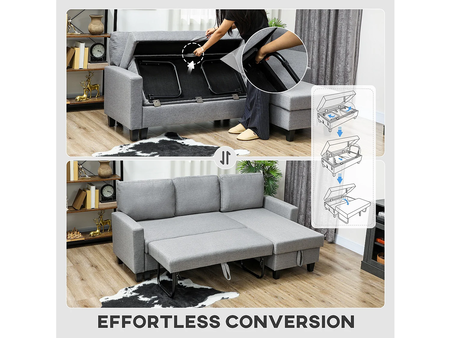 Fima Light Grey Fabric 3 Seater Sofa Bed with Reversible Chaise and Storage