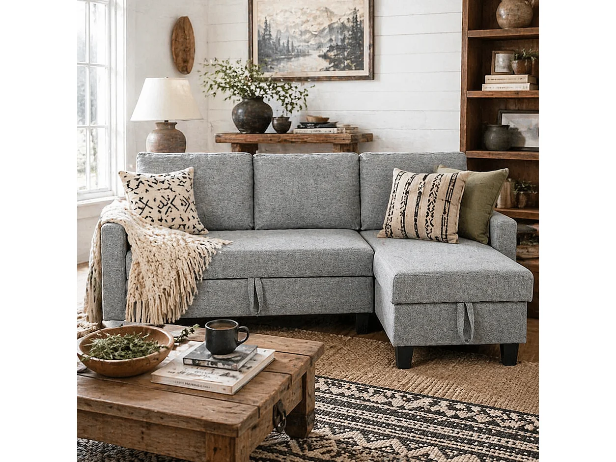 Fima Light Grey Fabric 3 Seater Sofa Bed with Reversible Chaise and Storage