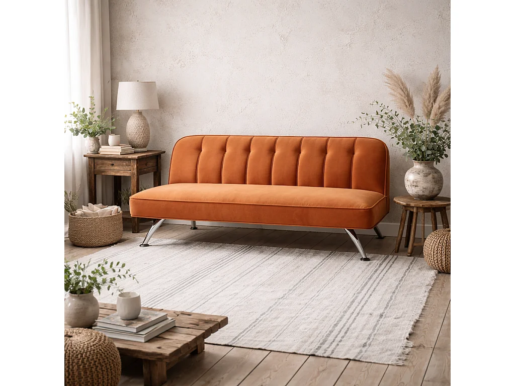 Malahide Orange Velvet Tufted Convertible Sofa Bed Single