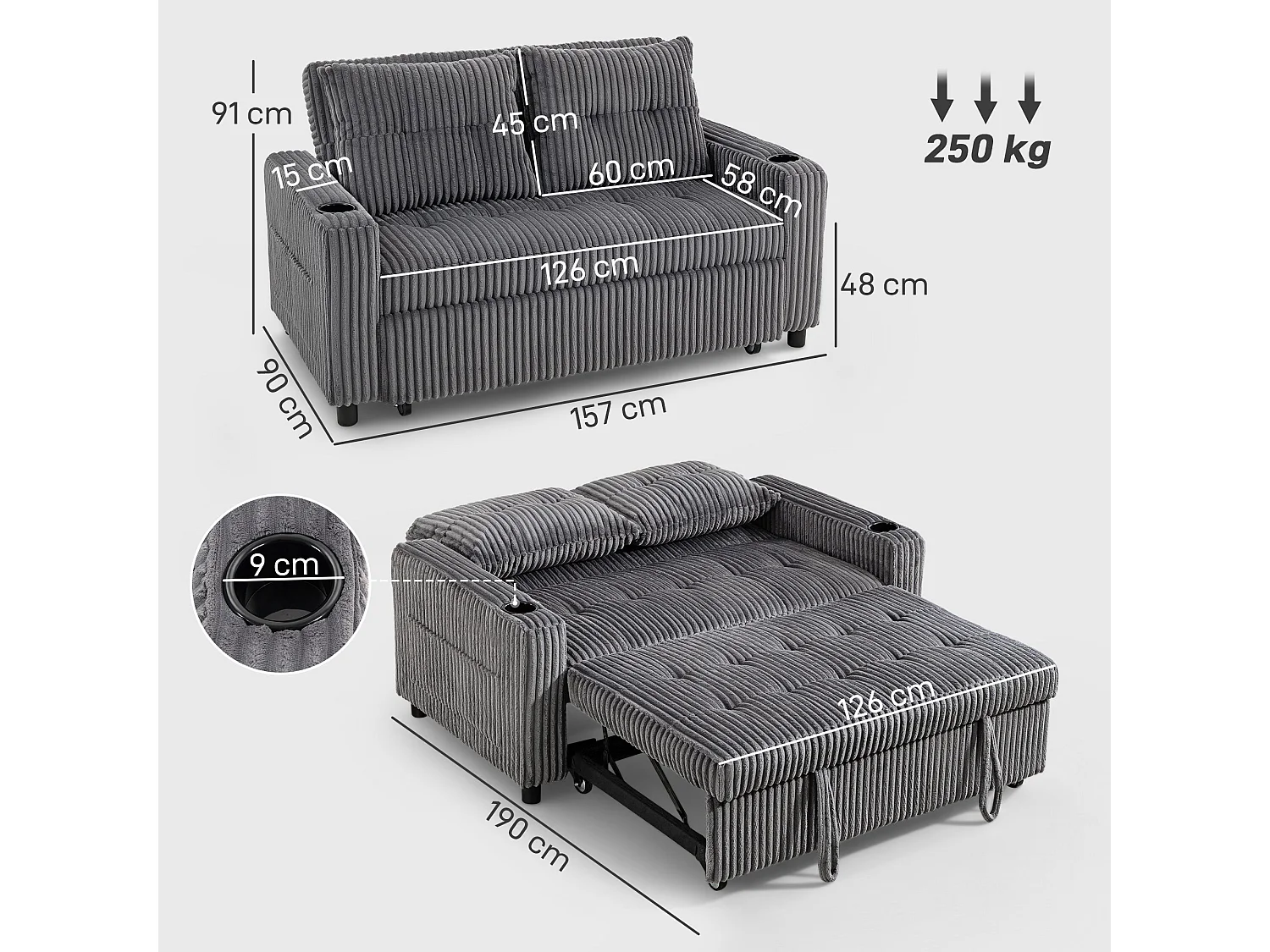 Noripa Charcoal Grey Corduroy 2 Seater Click Clack Sofa Bed
