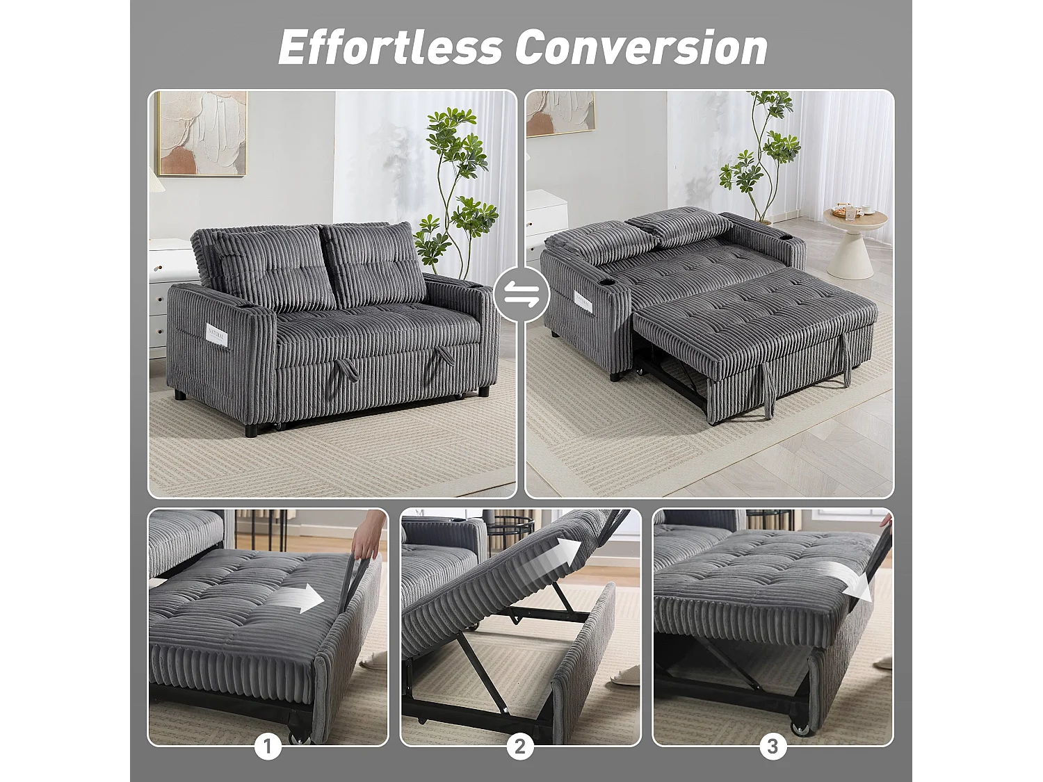 Noripa Charcoal Grey Corduroy 2 Seater Click Clack Sofa Bed