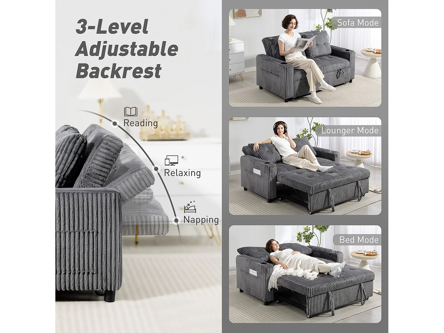 Noripa Charcoal Grey Corduroy 2 Seater Click Clack Sofa Bed