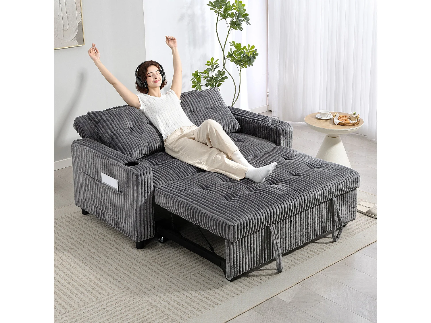 Noripa Charcoal Grey Corduroy 2 Seater Click Clack Sofa Bed