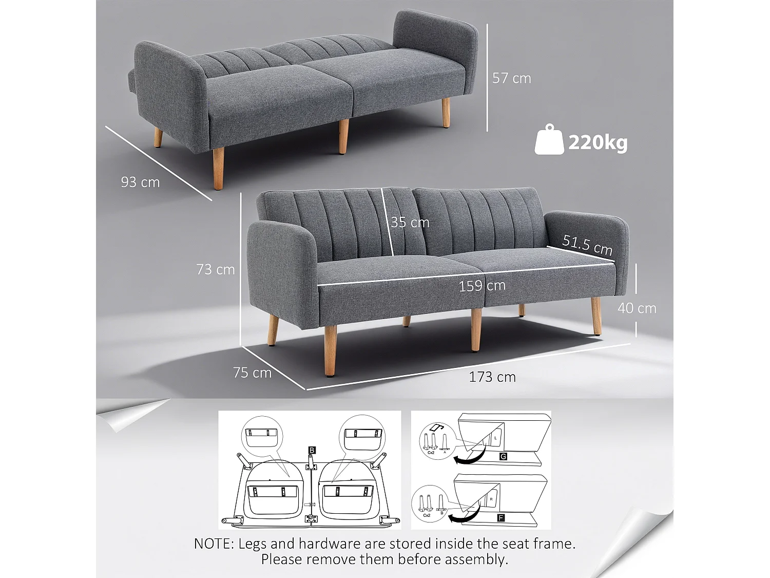 Nile Linen Grey 3 Seater Click Clack Sofa Bed Split Adjustable Backrest