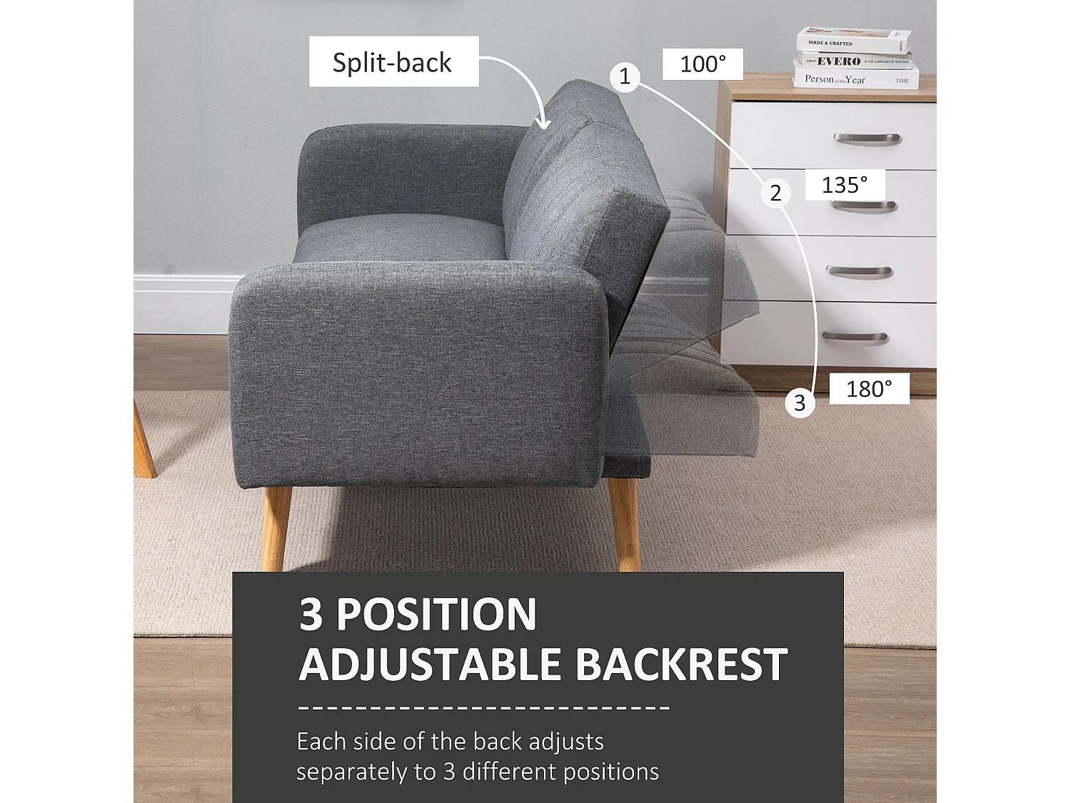 Nile Linen Grey 3 Seater Click Clack Sofa Bed Split Adjustable Backrest